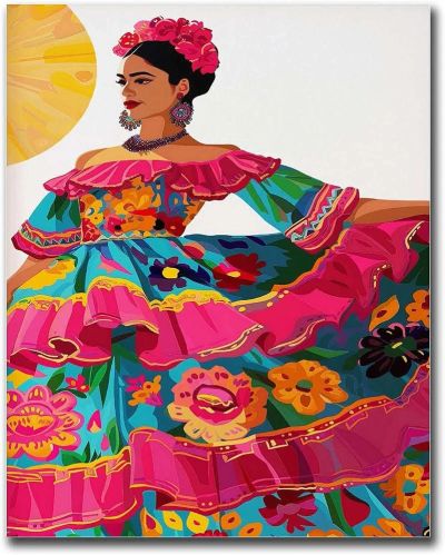 Woman in vibrant traditional dress with floral patterns.