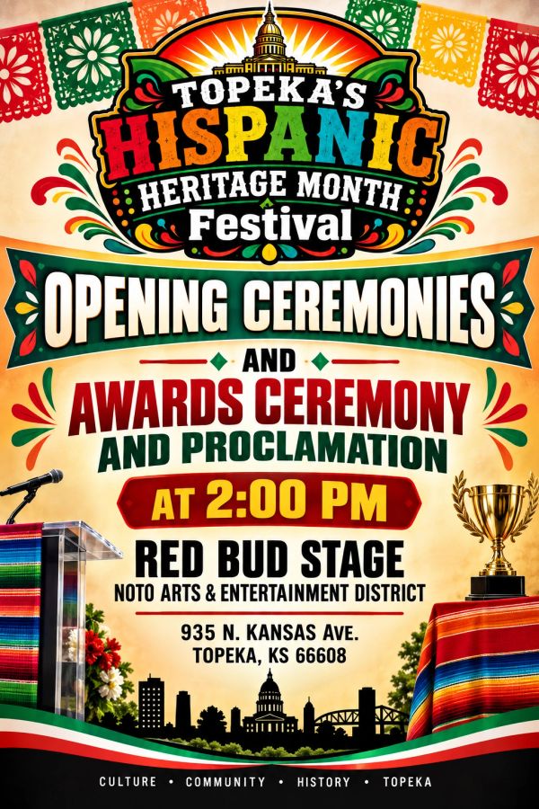 Poster for Topeka's Hispanic Heritage Month Festival opening ceremonies and awards.