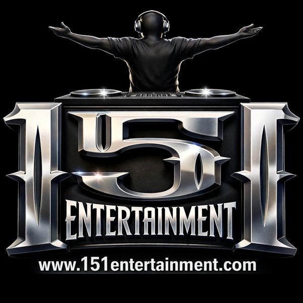 Logo of 151 Entertainment with DJ figure and website link.