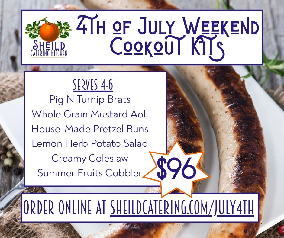 4th of July Weekend Cookout Kits with bratwurst, sides, and dessert for $96.