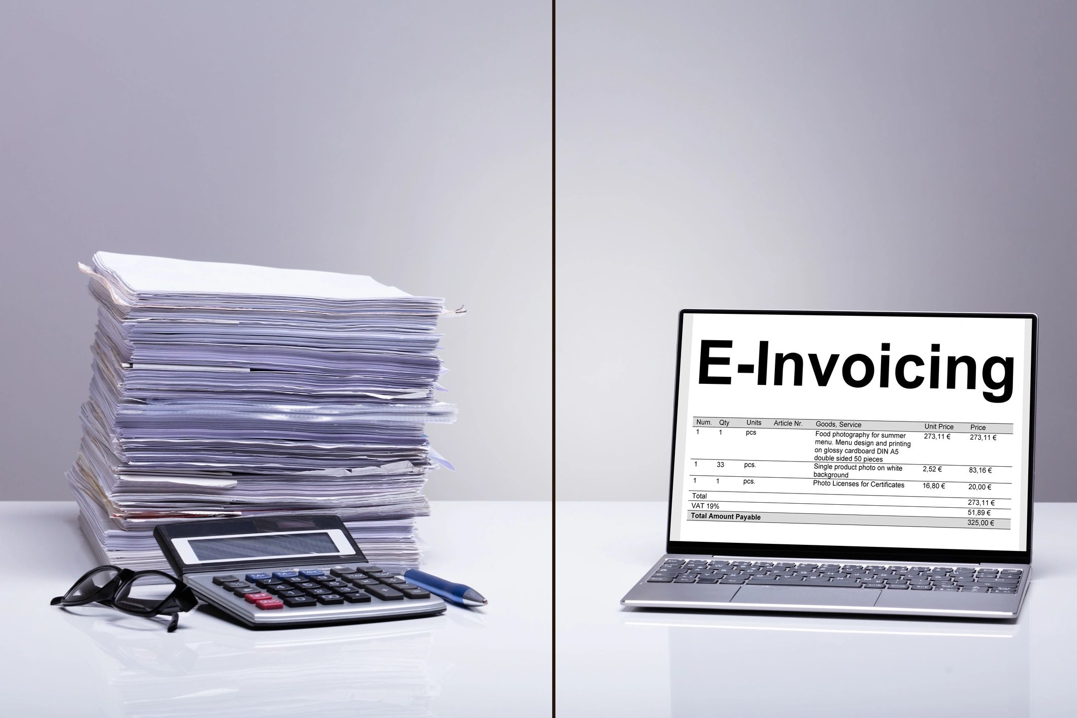 Comparison of paper invoices and e-invoicing on a laptop.