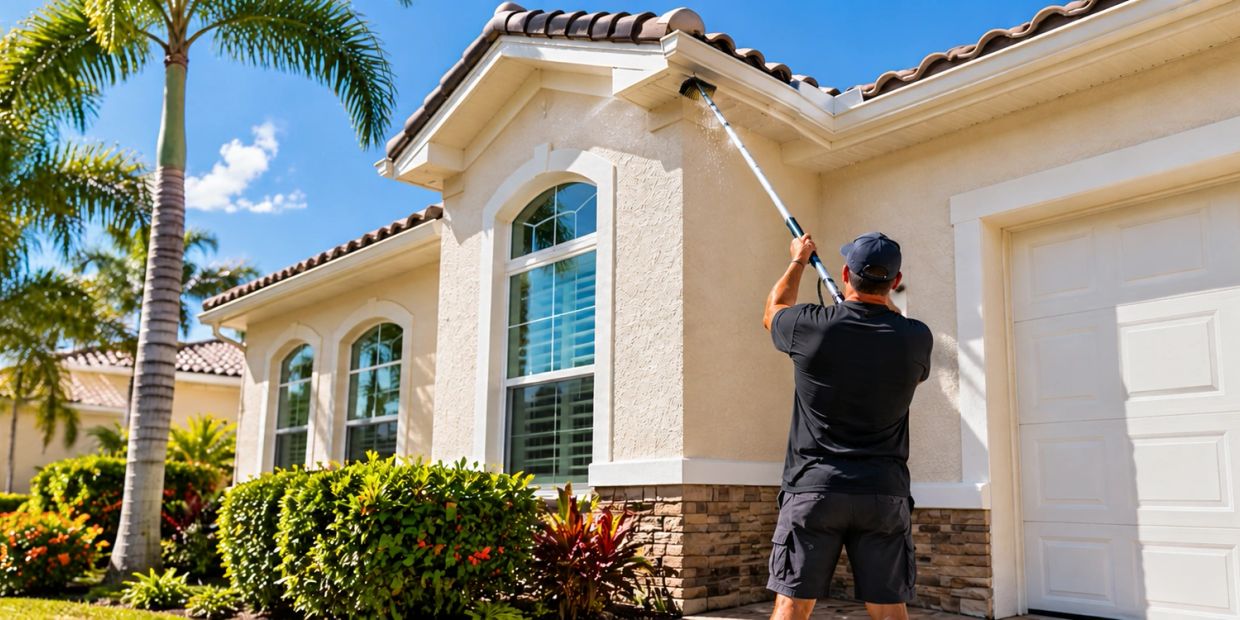 Man cleaning house gutters with a pressure washer.