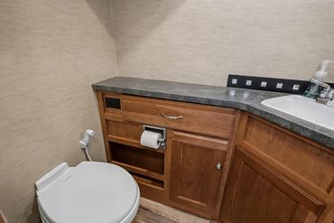 Photo of the toilet and vanity inside an RV for sale
