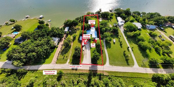 Annotated aerial view of a N. Texas lakeside property showing access and approximate boundaries.