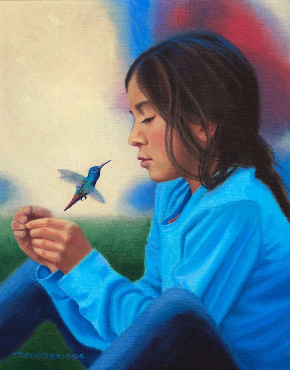 Girl in blue with a hummingbird.
