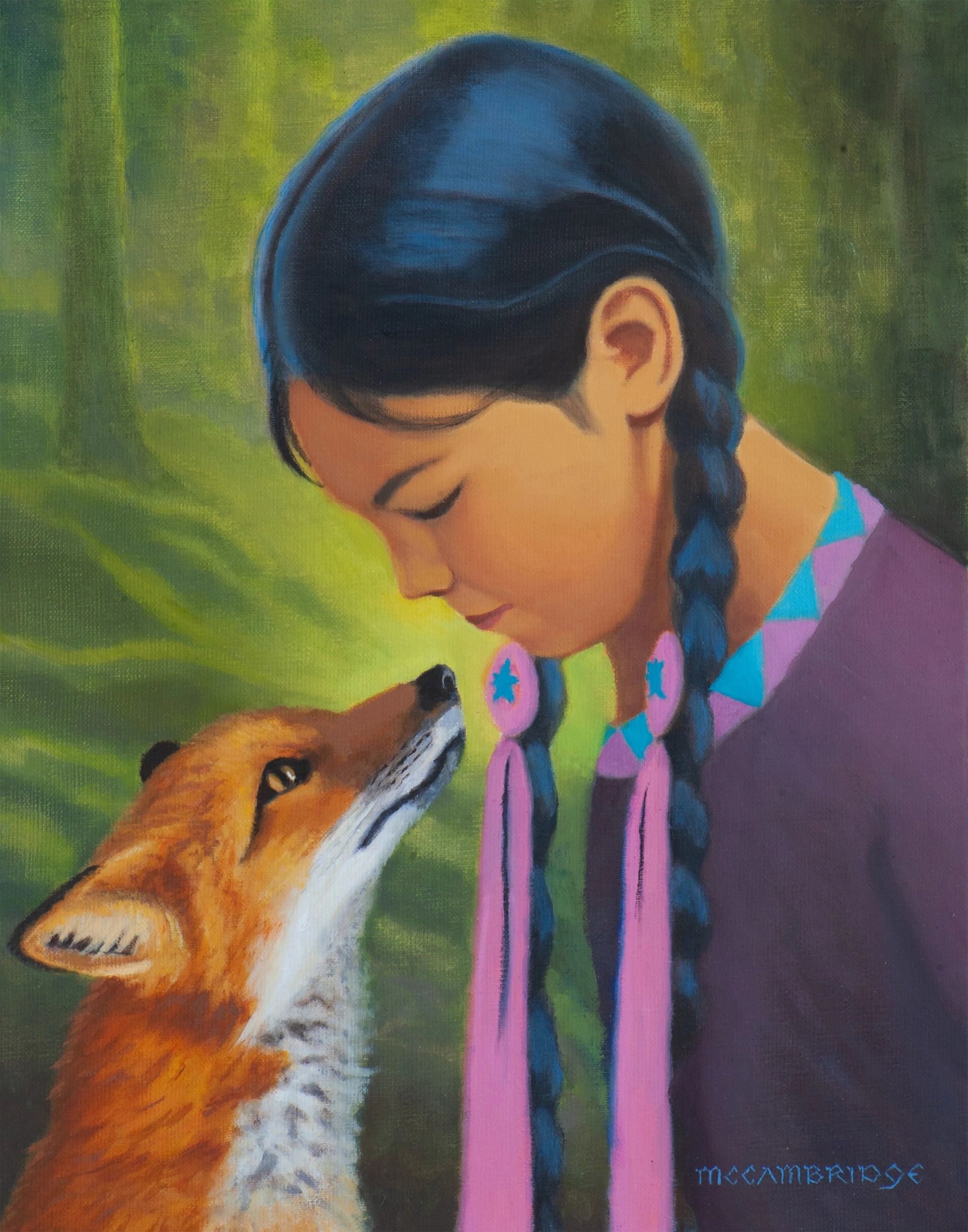 Painting of a girl with braids and a fox sharing a tender moment.