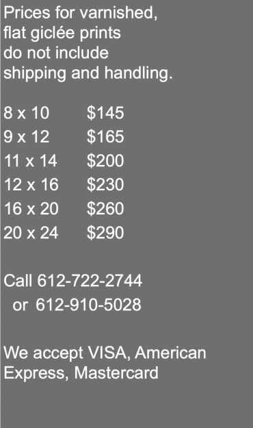 Pricing and contact info for varnished giclée prints.