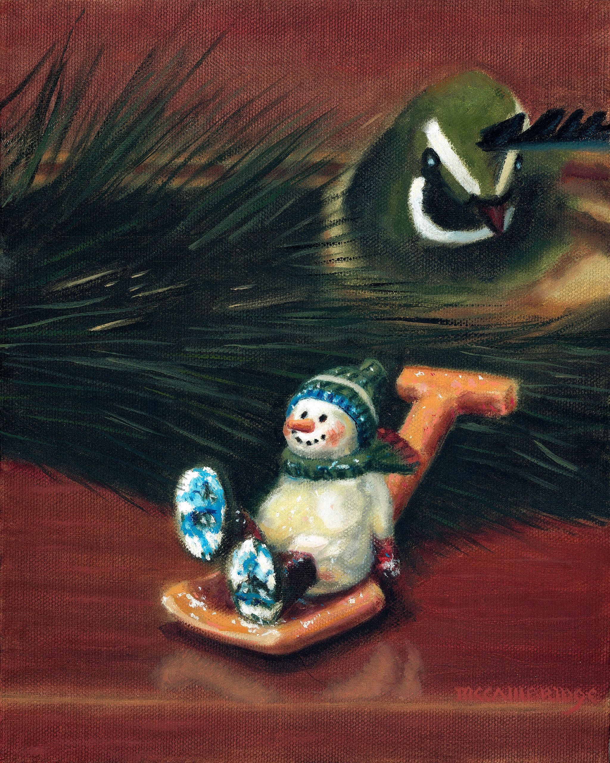 Painting of a bird with a snowman figurine.
