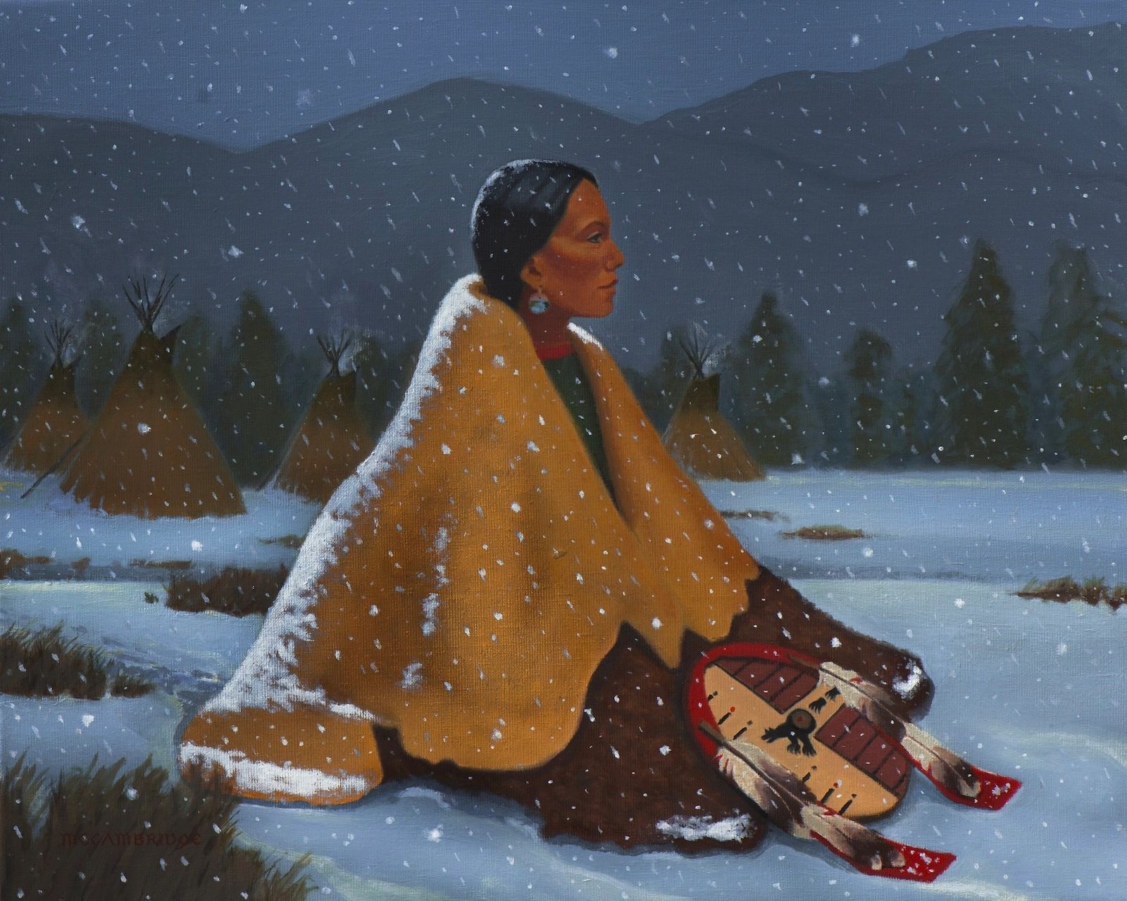 Native American woman in snow with shield and tipi.