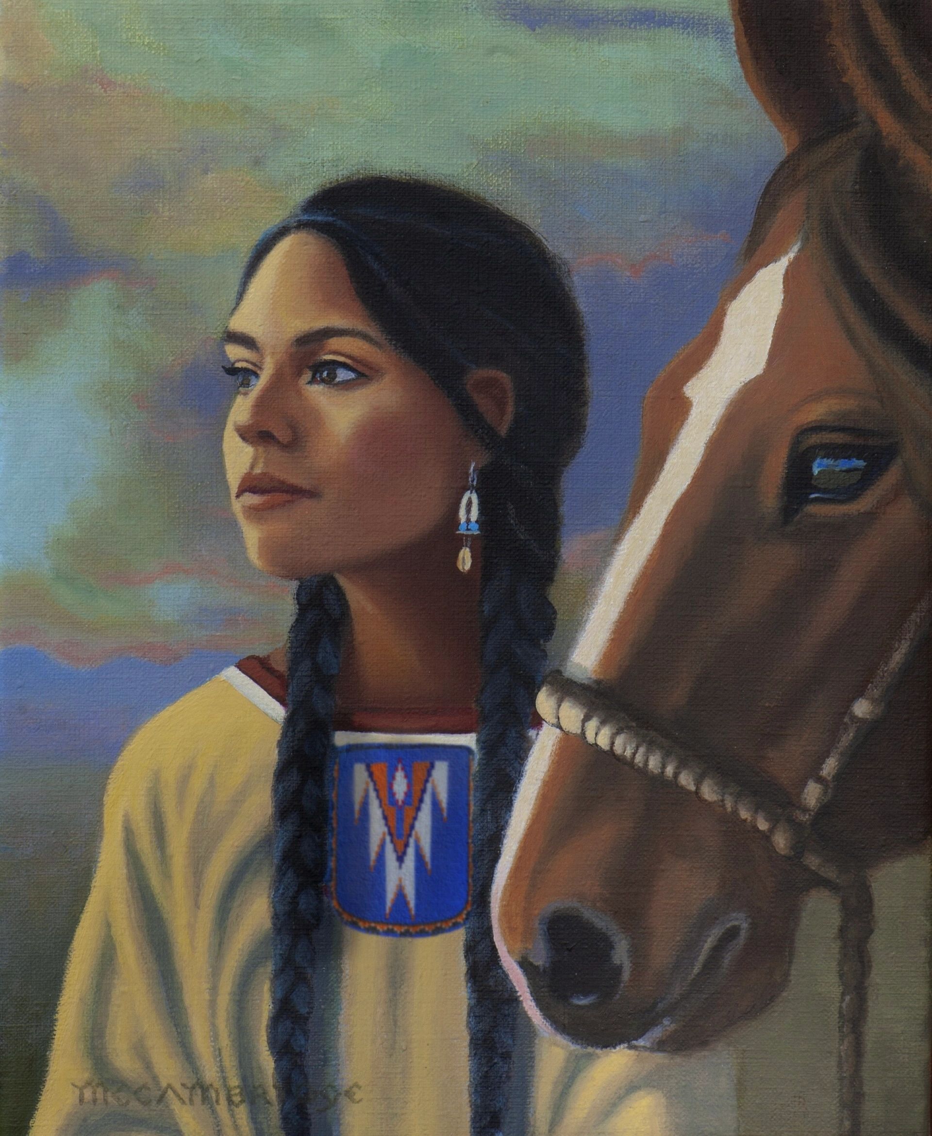 Painting of a Native American woman with a horse.