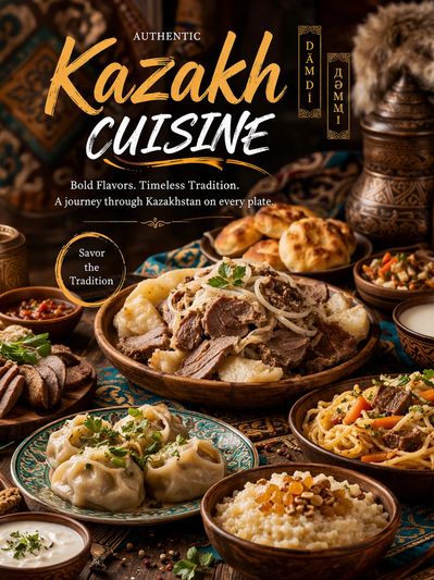 A spread of traditional Kazakh dishes showcasing rich flavors and culture.