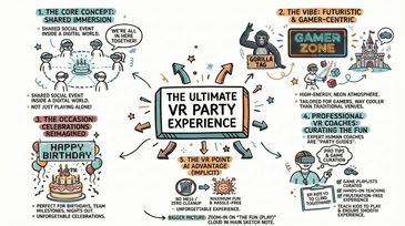 Infographic describing the ultimate VR party experience with immersive tech and fun activities.