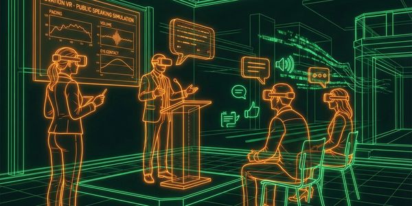 Virtual reality public speaking simulation with participants and feedback.