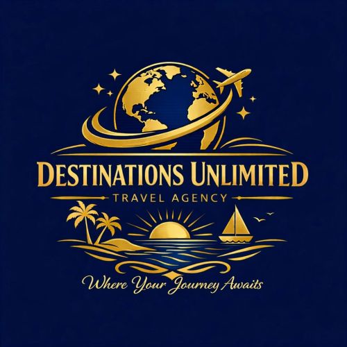 Golden travel agency logo with globe, plane, and sunset.