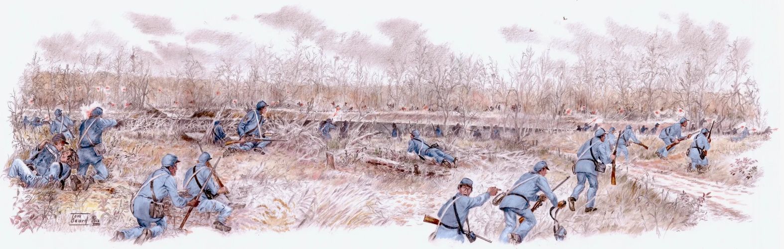 "Storm of Lead" painting by Tom Beard, a scene from October 23, 1864, at Byram's Ford on the Big Blu