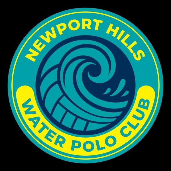 Logo of Newport Hills Water Polo Club with wave design in blue and yellow.