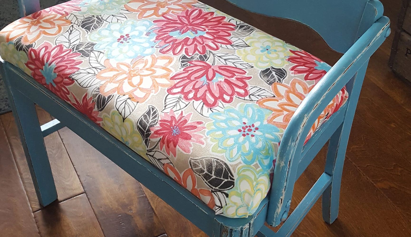 Three-inch covered vanity seat added to bench recently painted and distressed