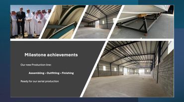 Presentation slide showing milestone achievements and new production line images.