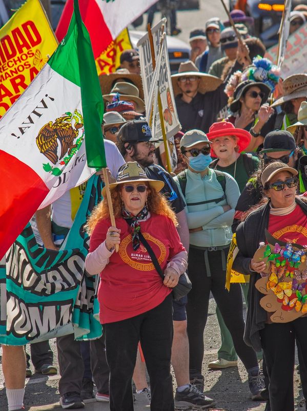People protesting with signs and flags, including a Mexican flag.
