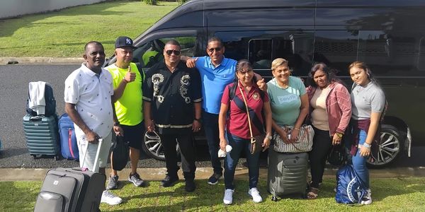 Group of eight people with luggage standing by a black van on a sunny day.