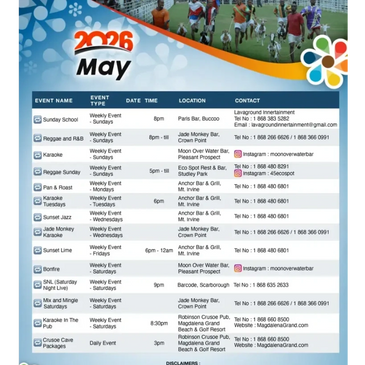 May 2026 event schedule for various entertainment locations in Barr, Bucoo, and nearby areas.