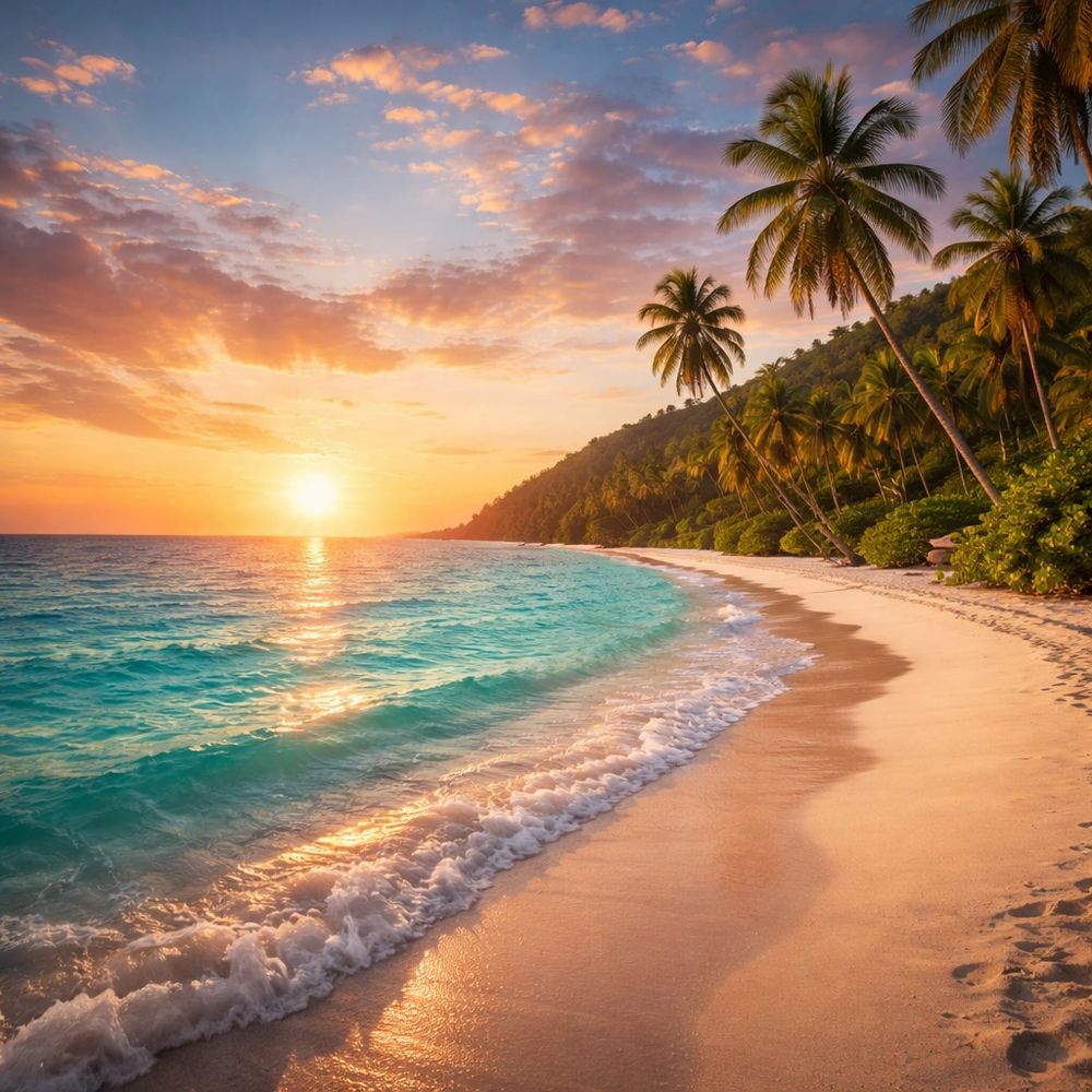 Sunset over a tropical beach with palm trees and gentle waves.