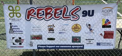 Banner for 9U Rebels baseball team with sponsor logos and support message.