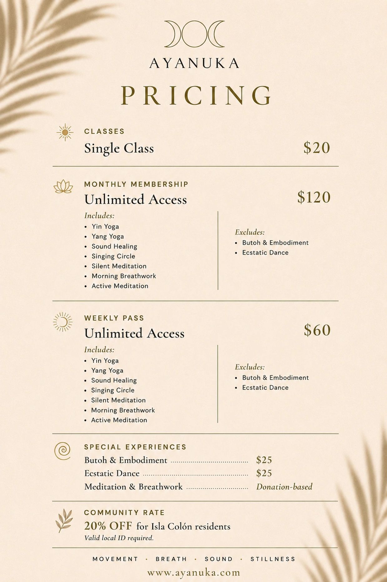 Lista de precios para clases y membresías de Ayanuka.
