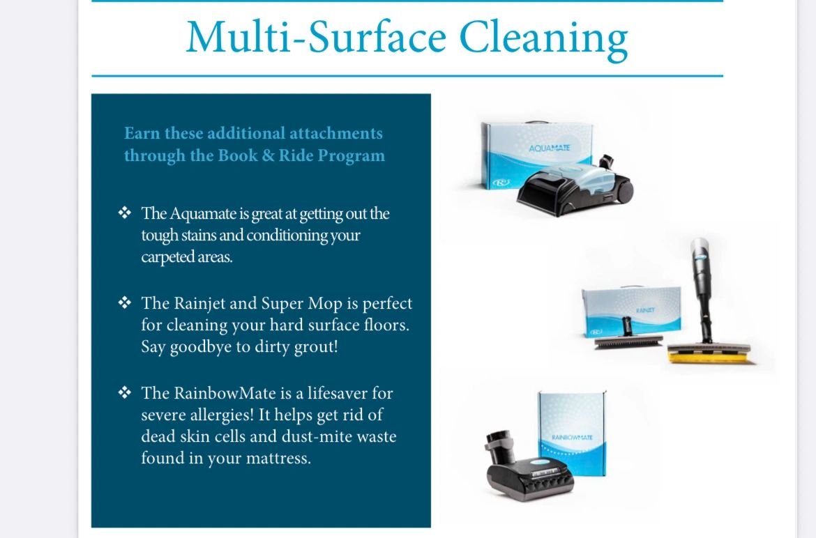 Extra attachments Availble.
Carpet and rug Shampooer ( Aquamate
Electric Mop tile, Grout and wood,( 