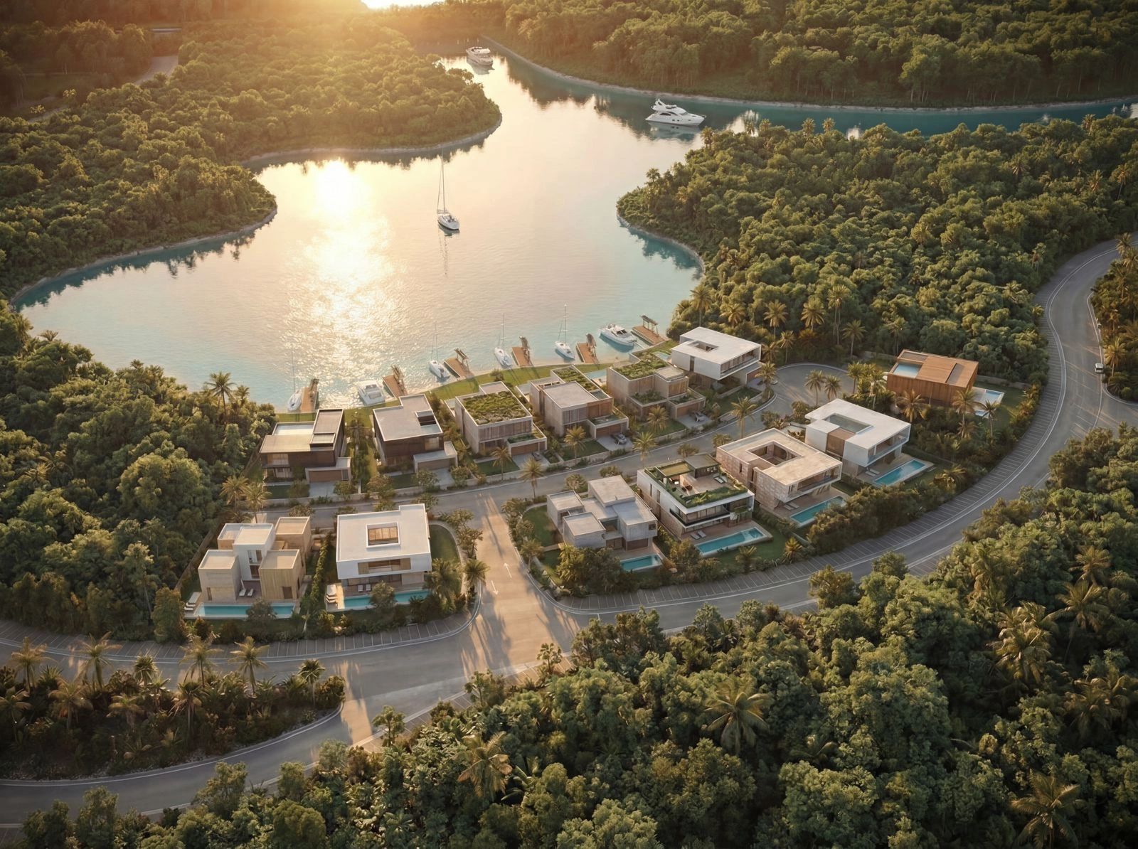 Luxury waterfront villas nestled among lush greenery with private docks and boats at sunset.
