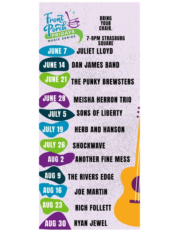 A list of dates and band names for Front Porch Friday from the Shenandoah Chamber of Commerce. 