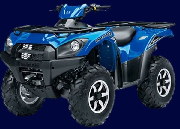 Blue Kawasaki all-terrain vehicle with rugged tires and sturdy build.