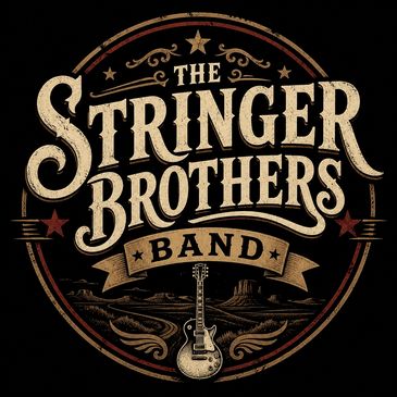 Vintage logo of The Stringer Brothers Band with guitar and western motifs.