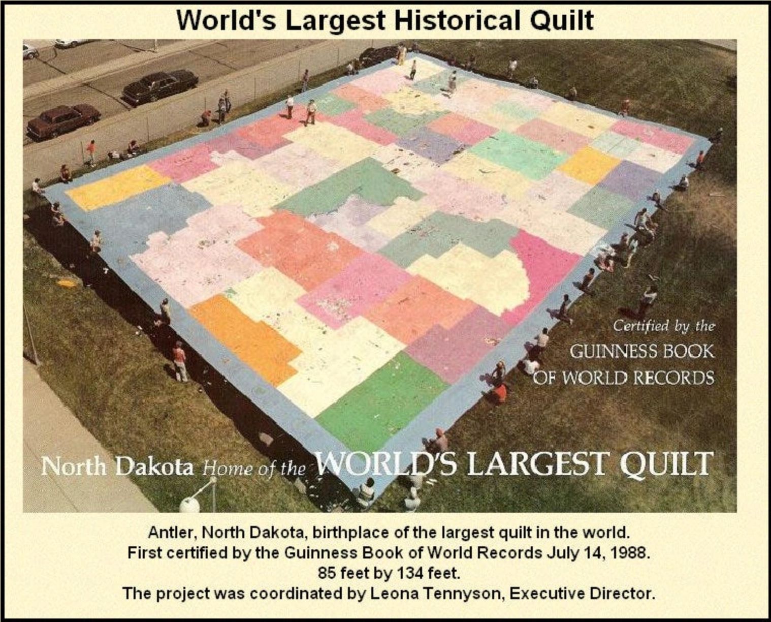 Aerial view of the world's largest quilt in North Dakota, certified by Guinness.