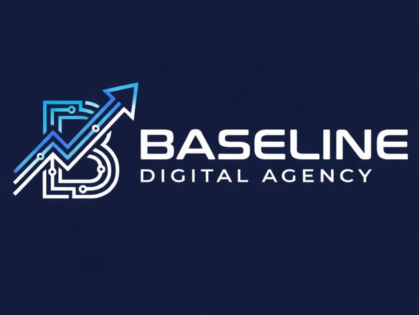 Modern logo for Baseline Digital Agency with tech-inspired design and upward arrow.