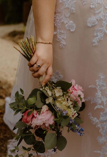 Bride’s bouquet w/ peonies, roses, larkspur, & eucalyptus by Joanna Carrie Design