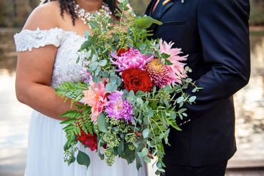 Vibrant Fall bouquet -Dahlias, ferns, eucalyptus, roses & Fall Boutonniere by JoannaCarrie.com