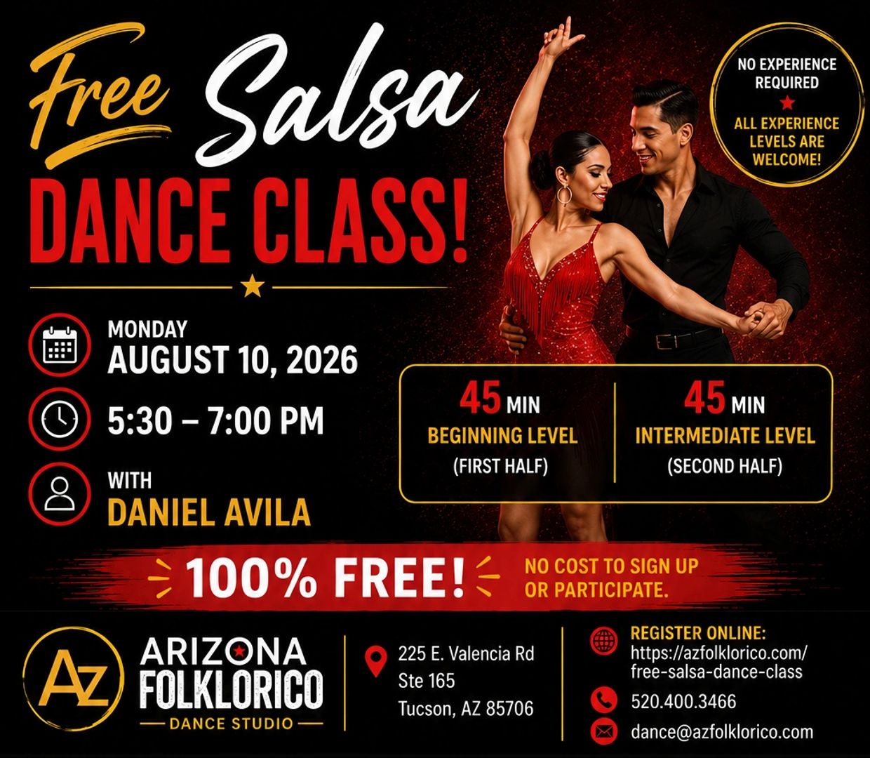Free salsa dance class in tucson az taught by Daniel Avila at Arizona Folklorico dance studio in tuc