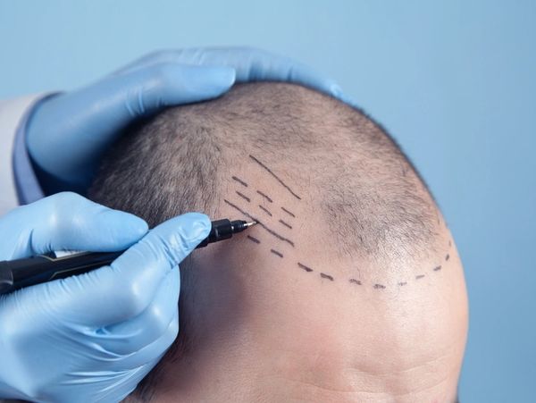 The patient suffering from hair loss in consultation with a doctor. Physician using skin marker
