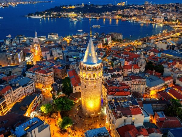 Galata tower at night in Istanbul, Turkey.
