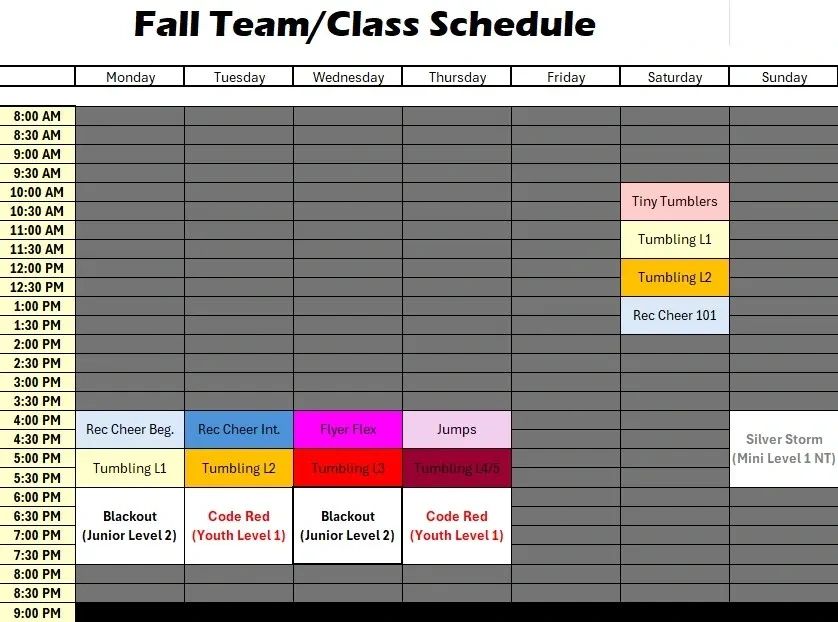 Weekly fall team/class schedule with various tumbling and cheer classes.