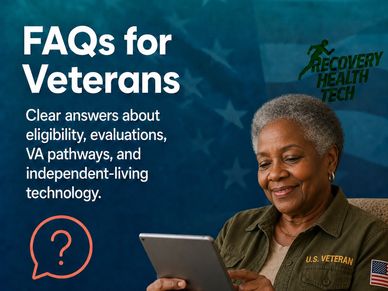 Veteran reading FAQs on a tablet about VA benefits and tech.