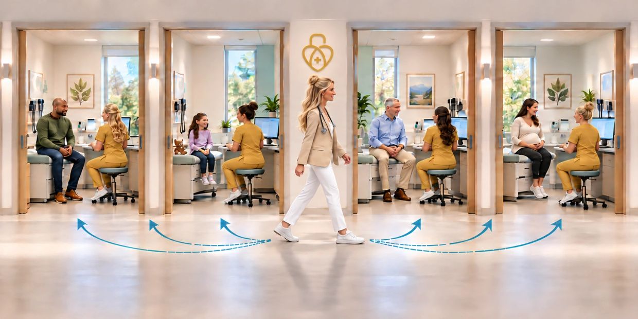 Healthcare professional visiting multiple patient rooms.