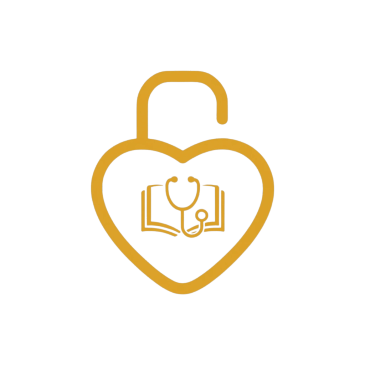 Golden open padlock shaped like a heart with a stethoscope and book inside.