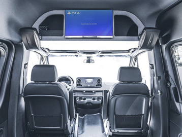 Each of our Sprinter Grands come standard with a Sony Playstation 4, 2 PS4 controller s& accessories
