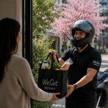Delivery person handing groceries to a woman at her doorstep.