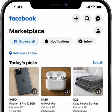 Facebook Marketplace screen showing items for sale in Kelowna, BC.