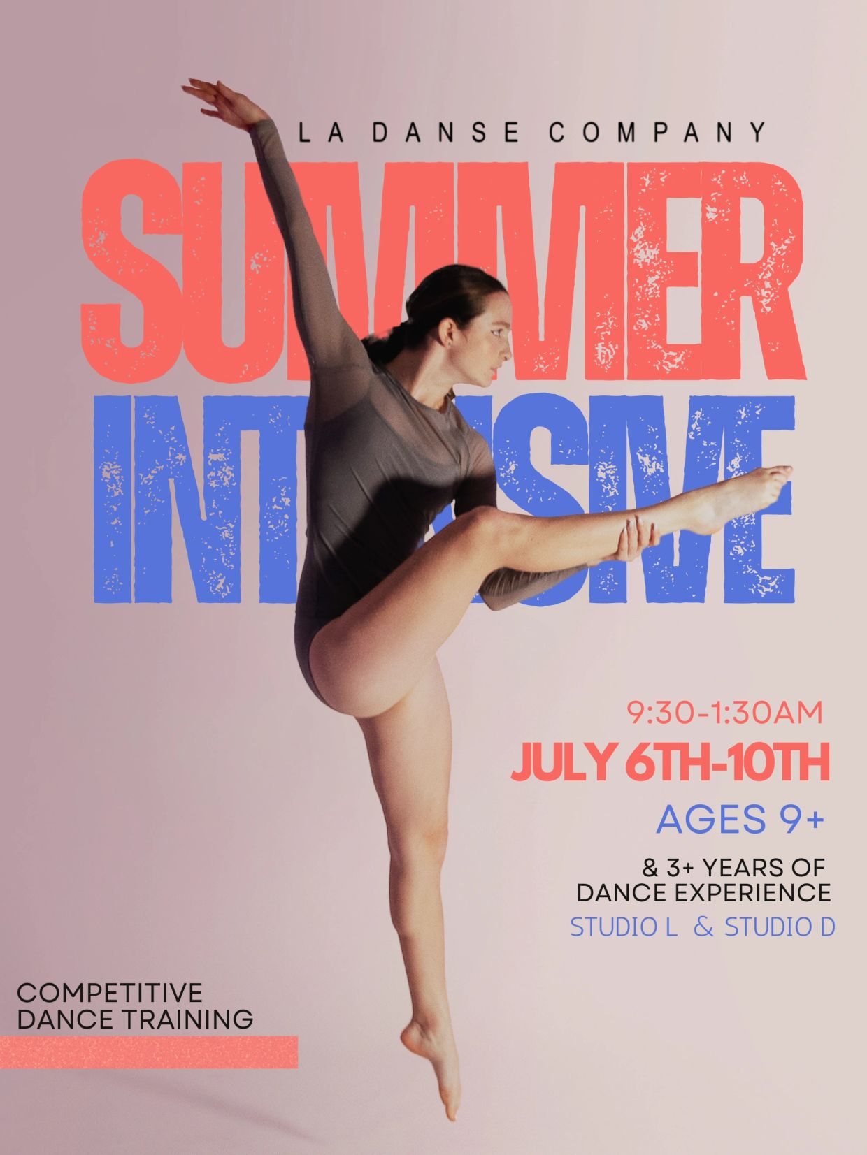 Dancer mid-leap promoting summer dance intensive.
