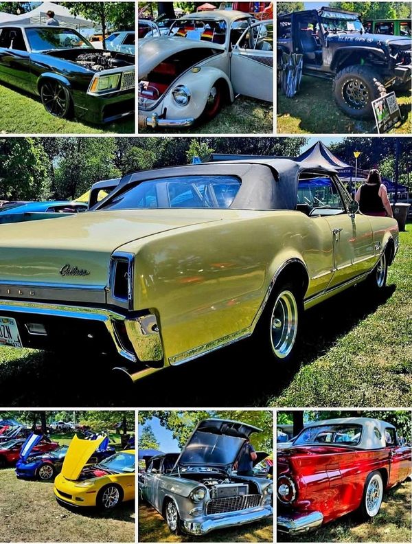 Collage of classic and custom cars at an outdoor car show.