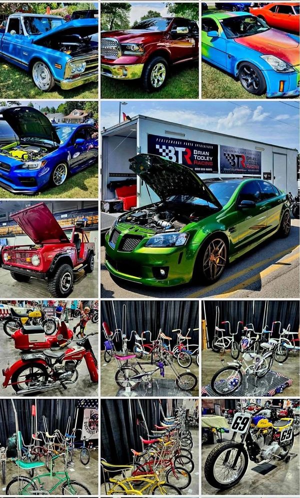 Collage of classic and custom cars, motorcycles, and BMX bikes at a show.